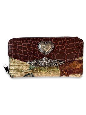Vintage Western Faux Croco and Tapestry Continental Wallet with Silver Tone Hear